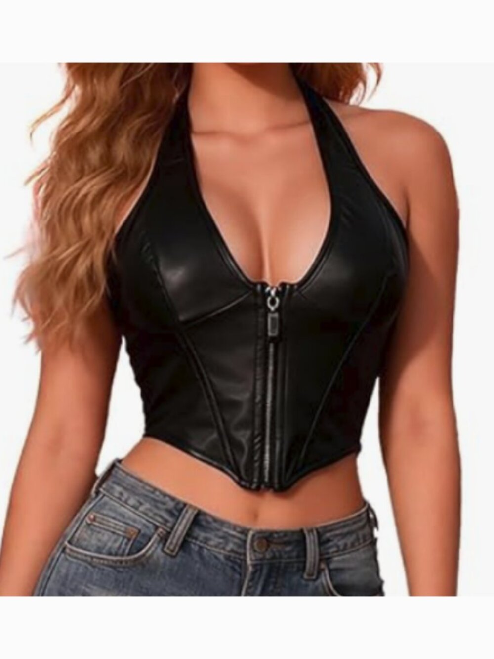 Faux Leather Halter Corset-Like Deep V-Neck Front Zipper Bustier Crop Top